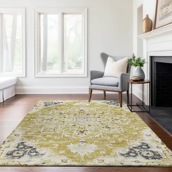 10' X 14' Gold Ivory And Blue Floral Medallion Washable Area Rug With UV Protection