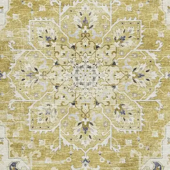 10' X 14' Gold Ivory And Blue Floral Medallion Washable Area Rug With UV Protection