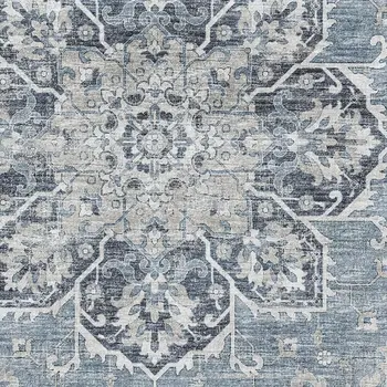 3' X 5' Blue Ivory And Gray Floral Medallion Washable Area Rug With UV Protection