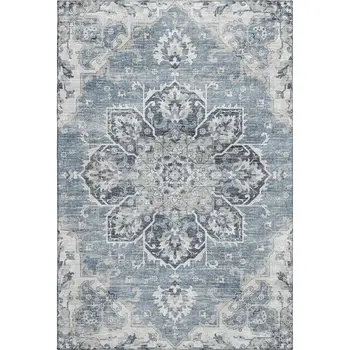 5' X 8' Blue Ivory And Gray Floral Medallion Washable Area Rug With UV Protection