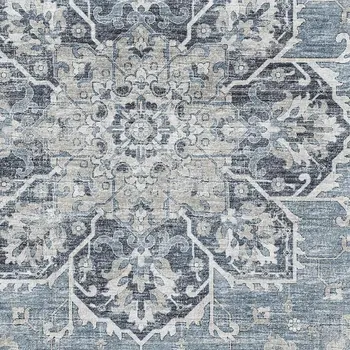 5' X 8' Blue Ivory And Gray Floral Medallion Washable Area Rug With UV Protection