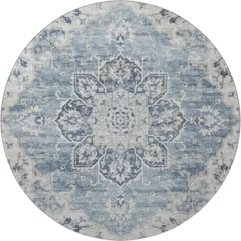8' Blue Ivory And Gray Floral Medallion Washable Round Rug With UV Protection