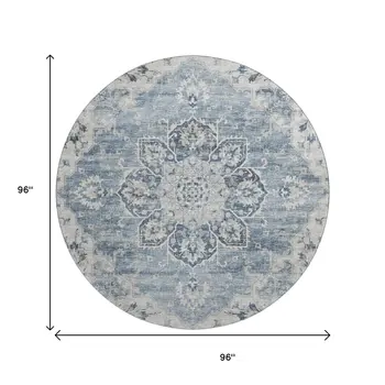 8' Blue Ivory And Gray Floral Medallion Washable Round Rug With UV Protection