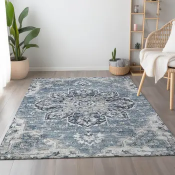 8' X 10' Blue Ivory And Gray Floral Medallion Washable Area Rug With UV Protection