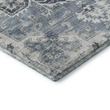8' X 10' Blue Ivory And Gray Floral Medallion Washable Area Rug With UV Protection