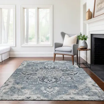 8' X 10' Blue Ivory And Gray Floral Medallion Washable Area Rug With UV Protection