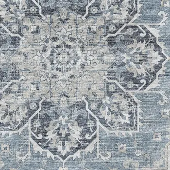 8' X 10' Blue Ivory And Gray Floral Medallion Washable Area Rug With UV Protection