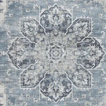 8' X 10' Blue Ivory And Gray Floral Medallion Washable Area Rug With UV Protection