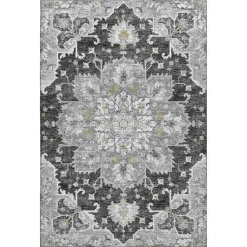 5' X 8' Graphite Gold And Charcoal Floral Medallion Washable Area Rug With UV Protection