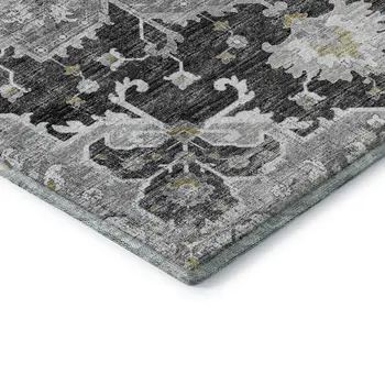 5' X 8' Graphite Gold And Charcoal Floral Medallion Washable Area Rug With UV Protection