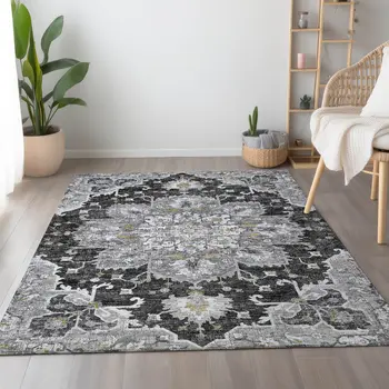 8' X 10' Graphite Gold And Charcoal Floral Medallion Washable Area Rug With UV Protection