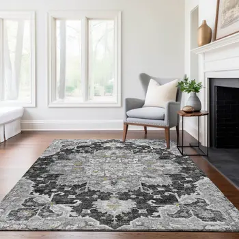 10' X 14' Graphite Gold And Charcoal Floral Medallion Washable Area Rug With UV Protection