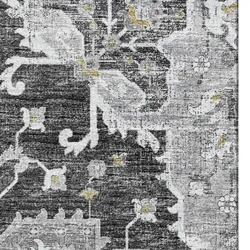 10' X 14' Graphite Gold And Charcoal Floral Medallion Washable Area Rug With UV Protection