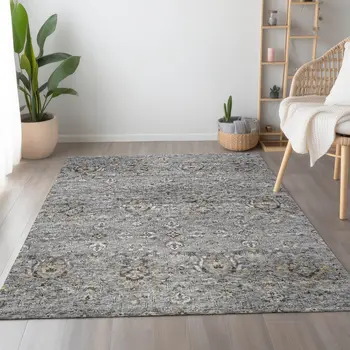 5' X 8' Ash Gray Brown And Ivory Floral Medallion Washable Area Rug With UV Protection