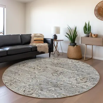 8' Ash Gray Brown And Ivory Floral Medallion Washable Round Rug With UV Protection