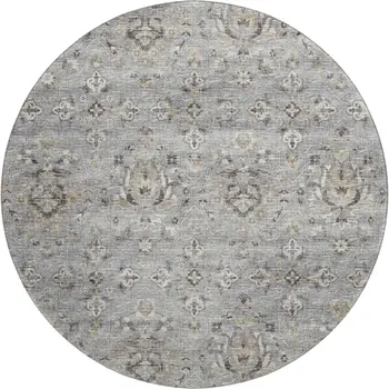 8' Ash Gray Brown And Ivory Floral Medallion Washable Round Rug With UV Protection
