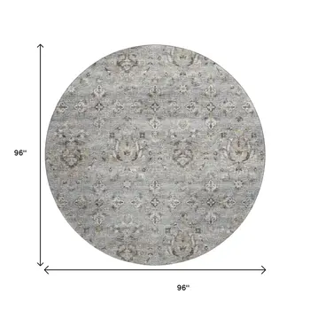 8' Ash Gray Brown And Ivory Floral Medallion Washable Round Rug With UV Protection