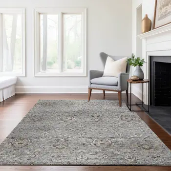 9' X 12' Ash Gray Brown And Ivory Floral Medallion Washable Area Rug With UV Protection