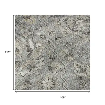 9' X 12' Ash Gray Brown And Ivory Floral Medallion Washable Area Rug With UV Protection