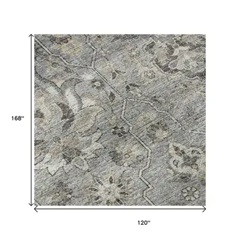 10' X 14' Ash Gray Brown And Ivory Floral Medallion Washable Area Rug With UV Protection