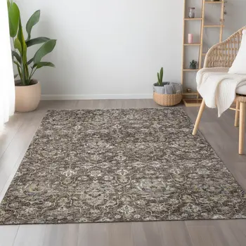 3' X 5' Taupe Ivory And Gold Floral Medallion Washable Area Rug With UV Protection