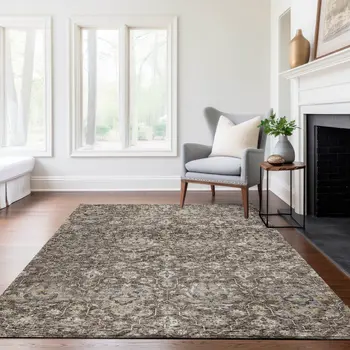 3' X 5' Taupe Ivory And Gold Floral Medallion Washable Area Rug With UV Protection