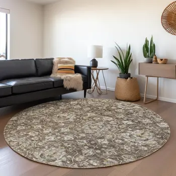 8' Taupe Ivory And Gold Floral Medallion Washable Round Rug With UV Protection