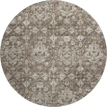 8' Taupe Ivory And Gold Floral Medallion Washable Round Rug With UV Protection