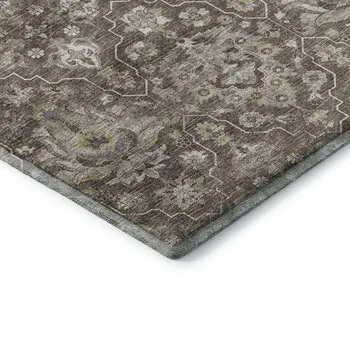 8' Taupe Ivory And Gold Floral Medallion Washable Round Rug With UV Protection