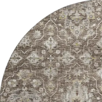 8' Taupe Ivory And Gold Floral Medallion Washable Round Rug With UV Protection