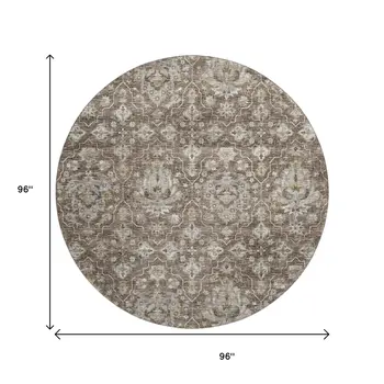 8' Taupe Ivory And Gold Floral Medallion Washable Round Rug With UV Protection