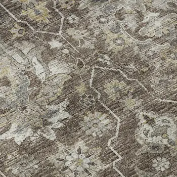 10' X 14' Taupe Ivory And Gold Floral Medallion Washable Area Rug With UV Protection