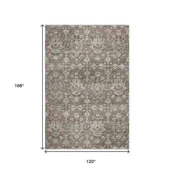 10' X 14' Taupe Ivory And Gold Floral Medallion Washable Area Rug With UV Protection