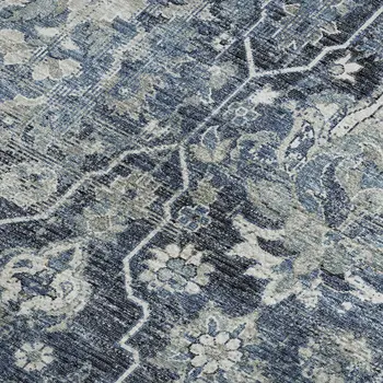 3' X 5' Blue And Ivory Floral Medallion Washable Area Rug With UV Protection