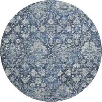8' Blue And Ivory Floral Medallion Washable Round Rug With UV Protection