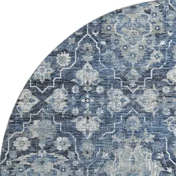 8' Blue And Ivory Floral Medallion Washable Round Rug With UV Protection