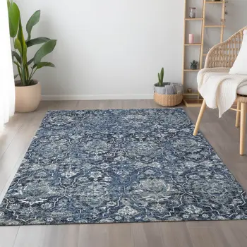 8' X 10' Blue And Ivory Floral Medallion Washable Area Rug With UV Protection