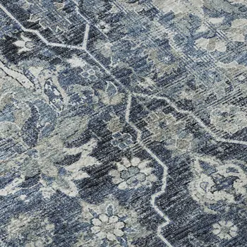 8' X 10' Blue And Ivory Floral Medallion Washable Area Rug With UV Protection