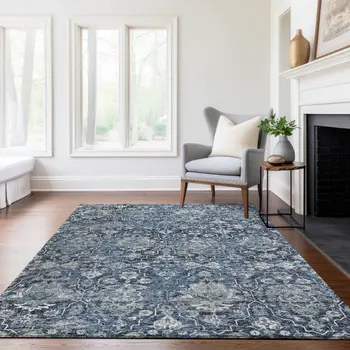 8' X 10' Blue And Ivory Floral Medallion Washable Area Rug With UV Protection