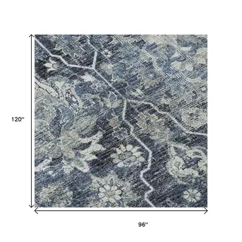 8' X 10' Blue And Ivory Floral Medallion Washable Area Rug With UV Protection