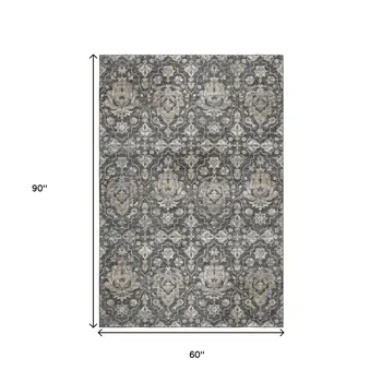 5' X 8' Graphite Ivory And Gold Floral Medallion Washable Area Rug With UV Protection