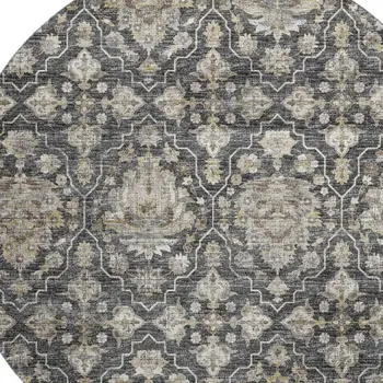 8' Graphite Ivory And Gold Floral Medallion Washable Round Rug With UV Protection