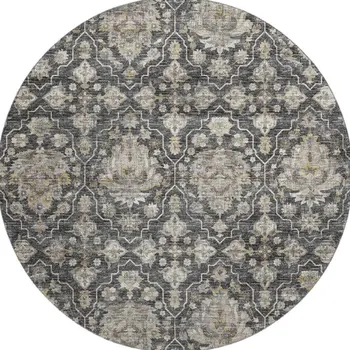 8' Graphite Ivory And Gold Floral Medallion Washable Round Rug With UV Protection