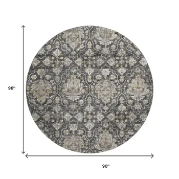 8' Graphite Ivory And Gold Floral Medallion Washable Round Rug With UV Protection