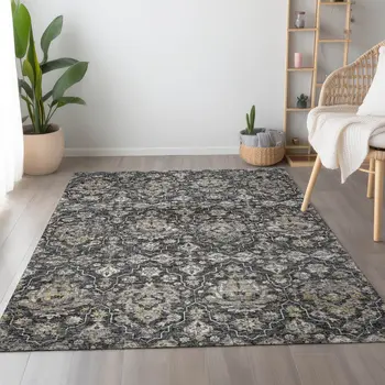 8' X 10' Graphite Ivory And Gold Floral Medallion Washable Area Rug With UV Protection