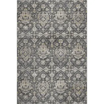 8' X 10' Graphite Ivory And Gold Floral Medallion Washable Area Rug With UV Protection