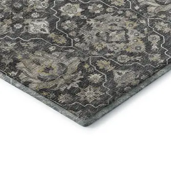 8' X 10' Graphite Ivory And Gold Floral Medallion Washable Area Rug With UV Protection