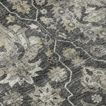 8' X 10' Graphite Ivory And Gold Floral Medallion Washable Area Rug With UV Protection
