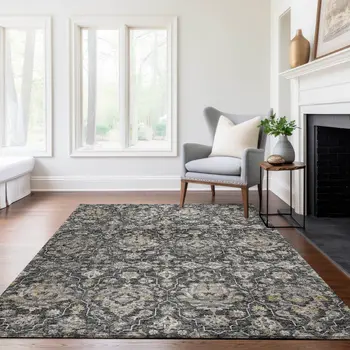 8' X 10' Graphite Ivory And Gold Floral Medallion Washable Area Rug With UV Protection
