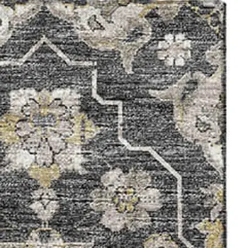 8' X 10' Graphite Ivory And Gold Floral Medallion Washable Area Rug With UV Protection